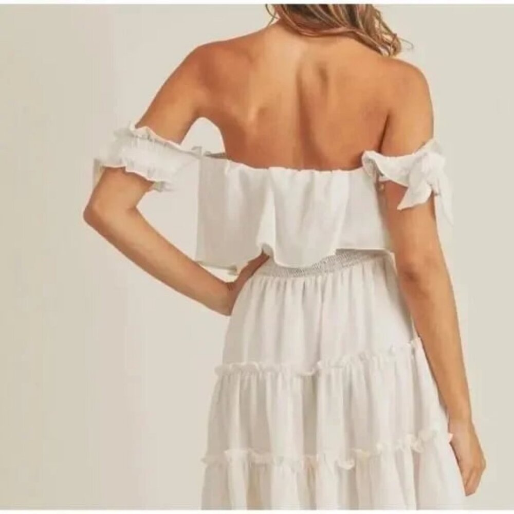 MABEL by ANTHROPOLOGIE Rayna Boho Off Shoulder Tiered Mini Sundress Cream L - Picture 2 of 6